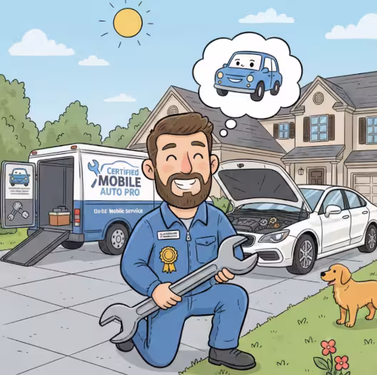 Cartoon illustration of a friendly, certified mobile mechanic from Mollica's Mobile Motors kneeling in an upscale East Cobb driveway with a service van and customer vehicle, representing convenient on-site auto repair.